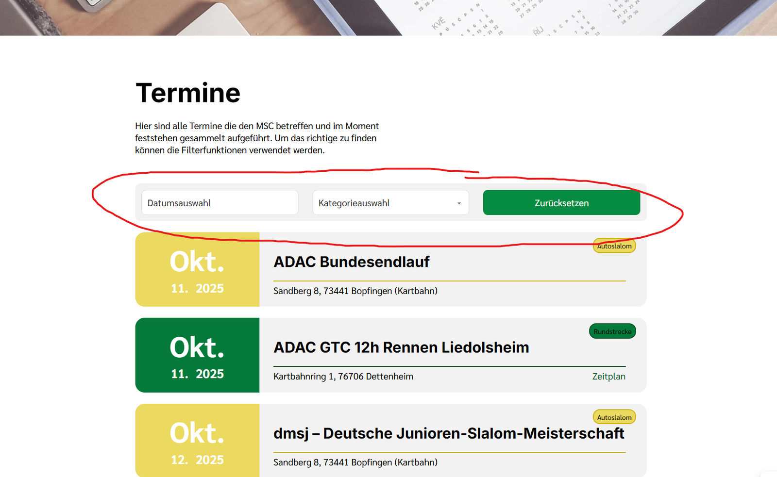 Bild der Terminseite mit umkreisten Filtern.